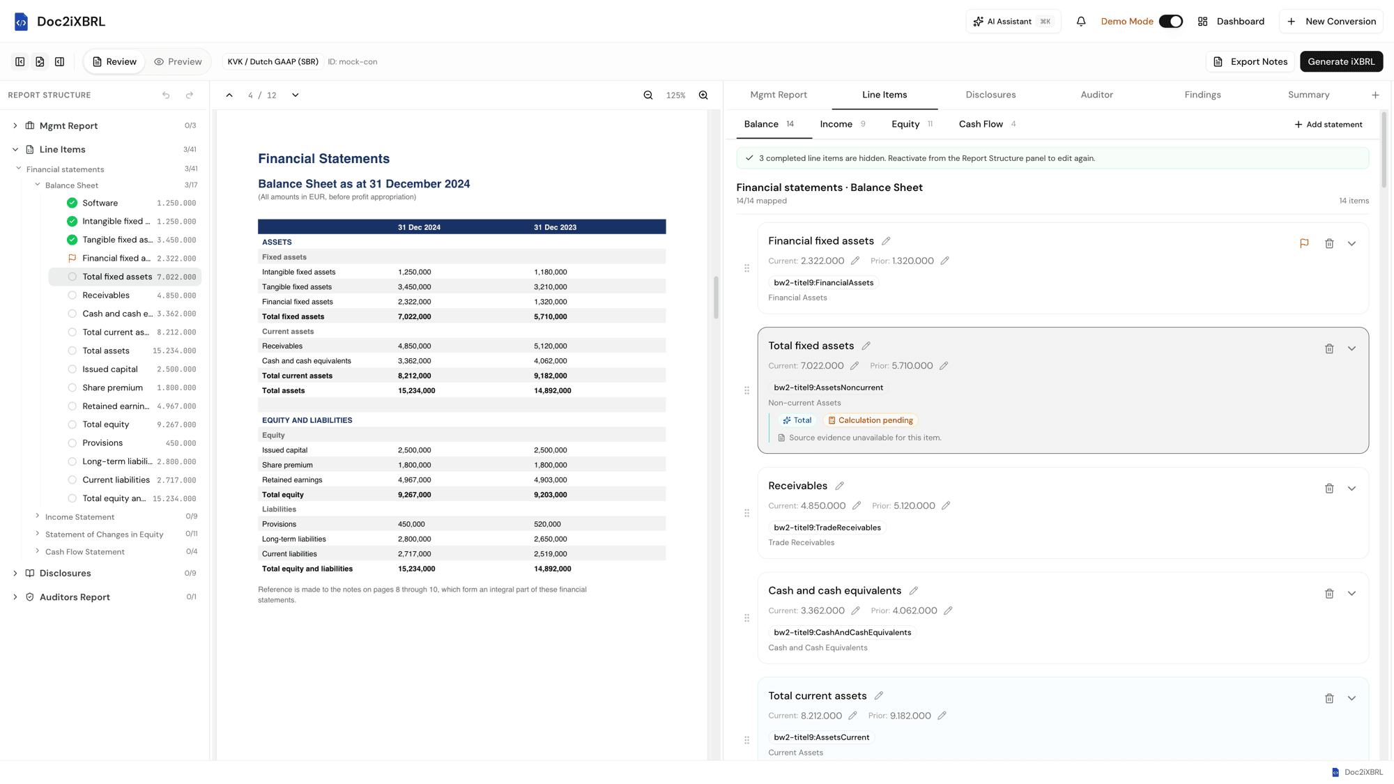 Doc2iXBRL workspace: report structure tree on the left, PDF preview and balance-sheet line items in the centre, notes and mappings panel on the right