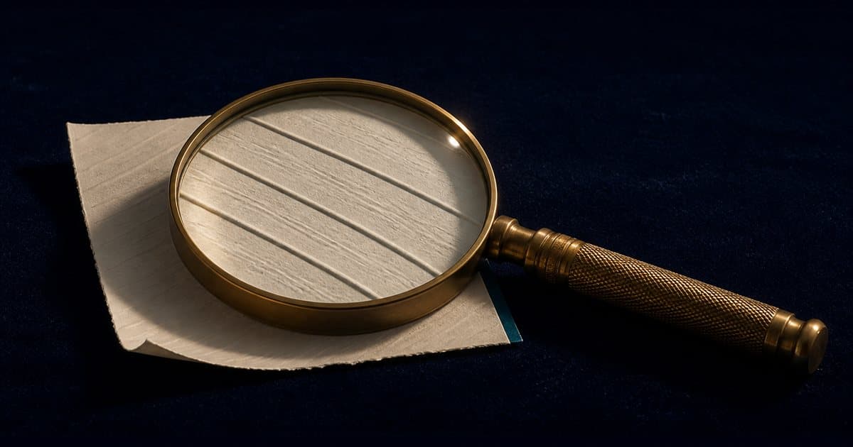 Brass loupe enlarging faint ruled lines on a pale sheet, showing how a viewer makes an XBRL file readable