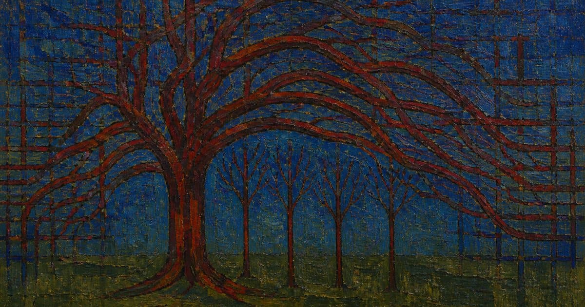 One great tree arching low over five bare saplings, in the style of Piet Mondriaan, for the 403 declaration group exemption