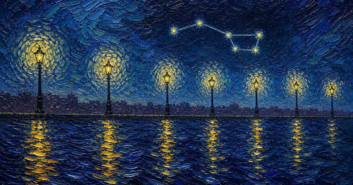 Seven quay lamps mirrored in a night river under one shared constellation, ESEF iXBRL reporting in the style of Van Gogh