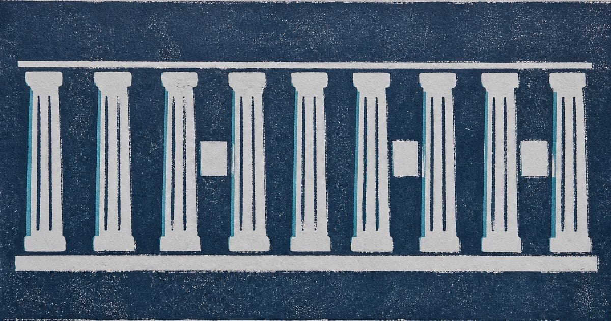 Carved slate-blue colonnade of a European exchange with square openings marking ESEF iXBRL tagged facts.