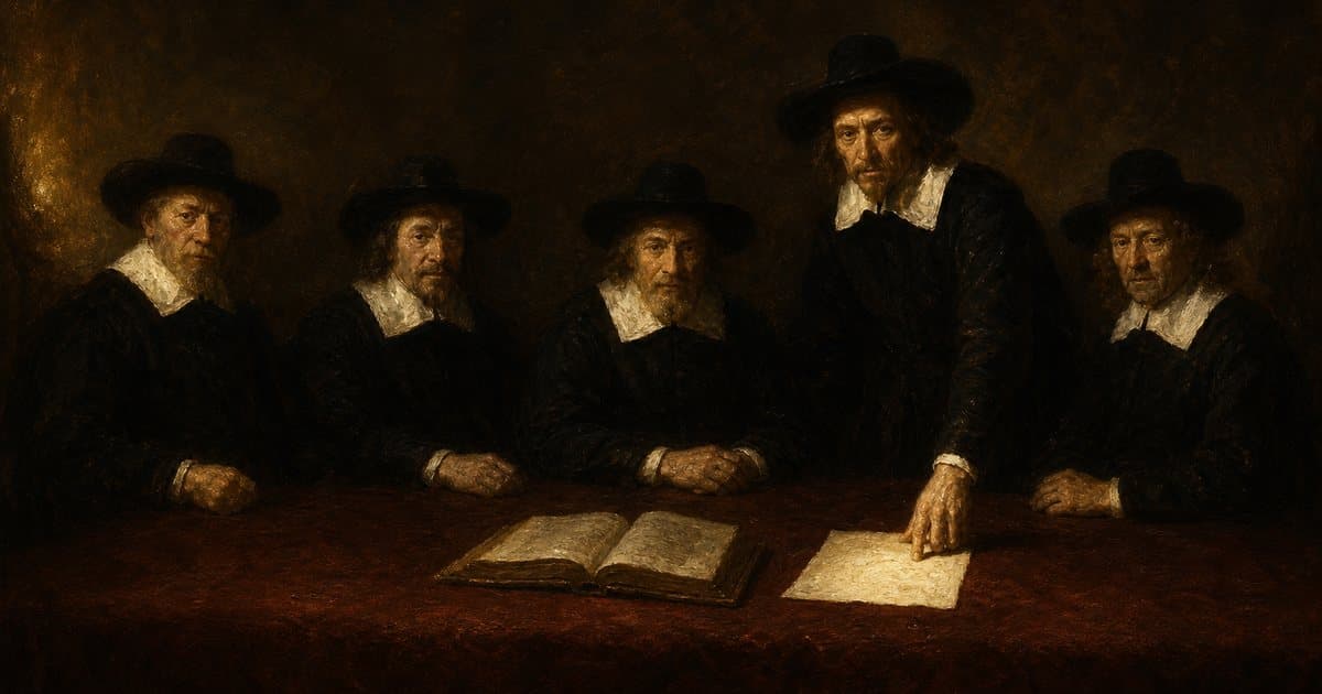 Five auditors at a table with an open ledger and a signed sheet, in the style of Rembrandt, giving an accountantsverklaring