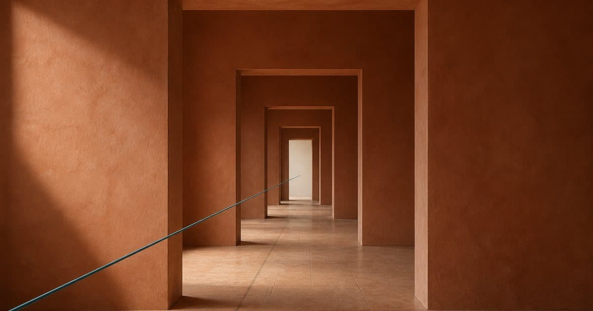 Four terracotta doorways narrowing toward a lit opening, one teal thread passing through, the phased iXBRL filing route